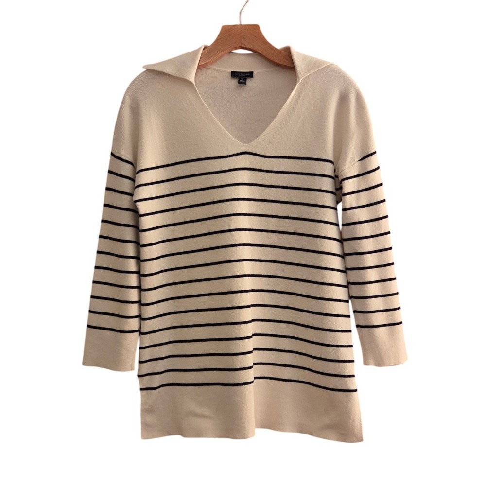 Ann Taylor Factory Oversized Striped V-Neck Sailor Navy Cream Sweater Sz XS